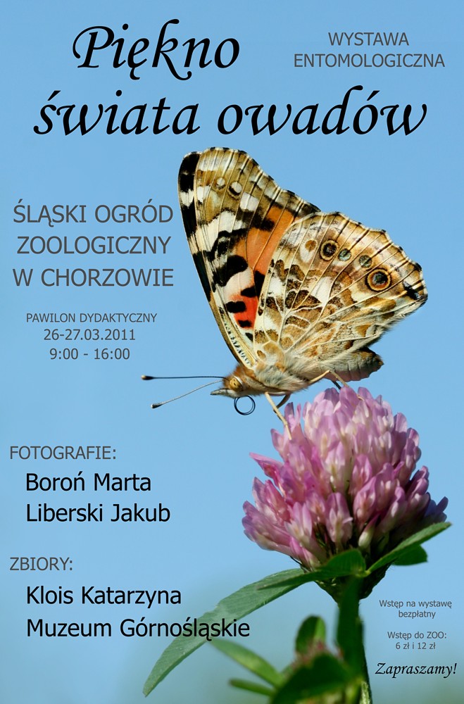Wystawa Entomologiczna - Chorzów ZOO 2011
26-27 marca 2011
Śląski Ogród Zoologiczny w Chorzowie
Zapraszam!
Słowa kluczowe: niebieski